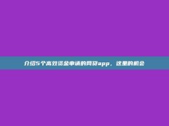 介绍5个高效资金申请的网贷app，这里的机会