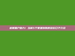 逾期黑户助力！当前5个便捷到账的贷款口子介绍